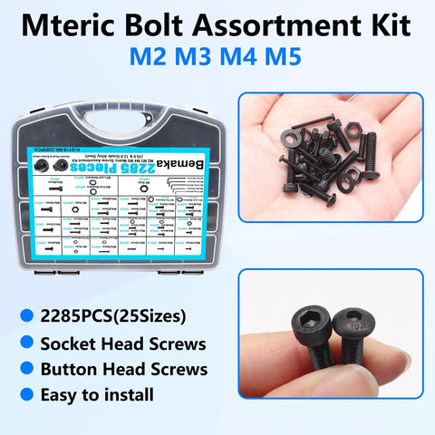 Knockout 2285 Piece Metric Screw Assortment Kit with M2 M3 M4 M5 socket bolts and nuts displayed in a hand, showing variety and types.