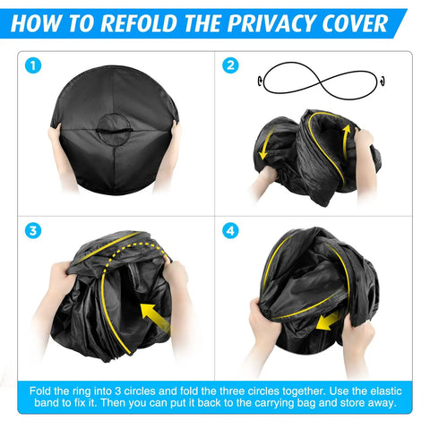 How to fold Pop Up Privacy Tent For Camping And Emergencies step-by-step, showing hand movements to collapse tent.