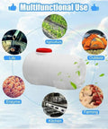 Outdoor Water Storage Tank 150L Workhorse for camping, white durable polyethylene tank with red cap surrounded by icons.