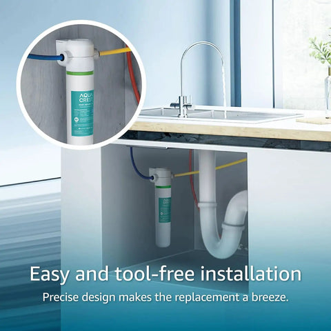Under Sink Water Filter Replacement For GE FQK1K And FQK2J installed under a kitchen sink, showing easy installation.