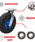Set Of Four Built Tough 10 Inch Pneumatic Caster Wheels With Swivel Top Plate And Side Brakes Silent Rubber Industrial Casters showing bearing and tread design.