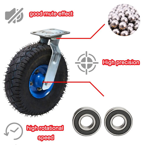 Set Of Four Built Tough 10 Inch Pneumatic Caster Wheels With Swivel Top Plate And Side Brakes Silent Rubber Industrial Casters showing bearing and tread design.