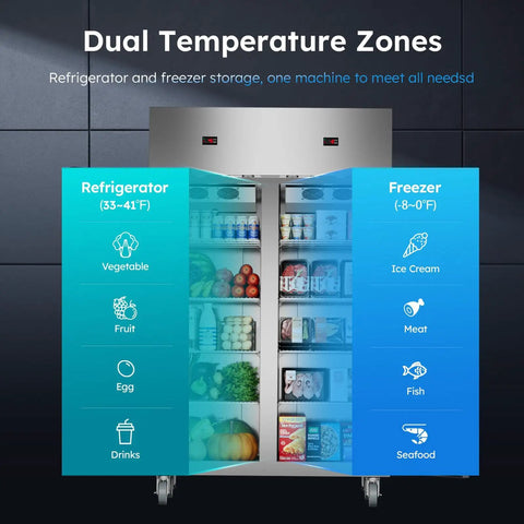 Heavy Duty Commercial Fridge And Freezer Combo With 48 Inch Width And 38 Cubic Feet showing dual temperature zones and storage options.
