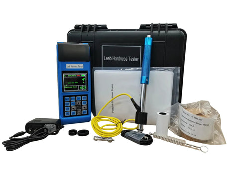 Portable Digital Leeb Rebound Hardness Tester With G Probe features on display in a protective case with accessories.