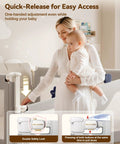 Parent adjusting No Drill King Size Bed Rails For Kids Three Piece Guard while holding child, showcasing quick-release feature.