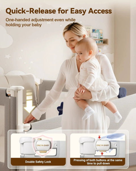 Parent adjusting No Drill King Size Bed Rails For Kids Three Piece Guard while holding child, showcasing quick-release feature.