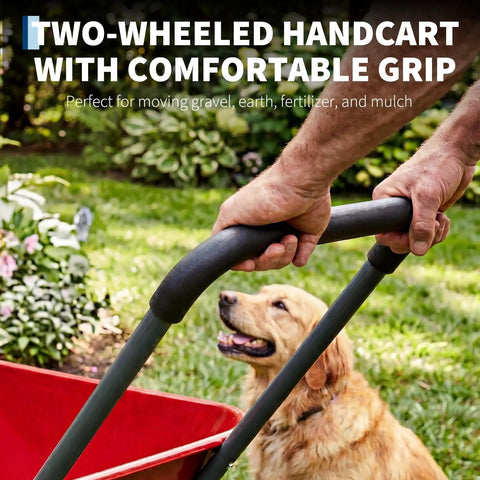 Person holding handle of Heavy Duty Dual Wheel Wheelbarrow Garden Cart With Built In Stand For Yard And Garden in action