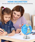 6 Inch World Globe With Sturdy Metal Stand on desk with woman and child learning, colorful map for geography education