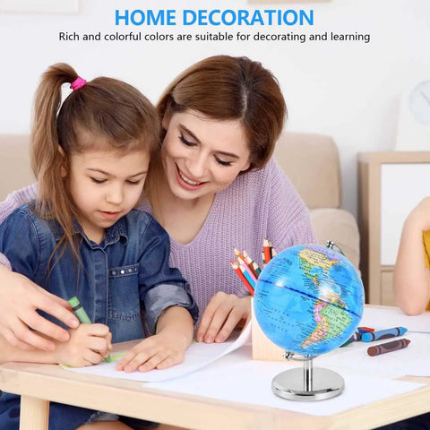 6 Inch World Globe With Sturdy Metal Stand on desk with woman and child learning, colorful map for geography education