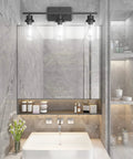 Vanity with Matte Black 3 Light Vanity Light Fixtures With Clear Glass Shade in modern bathroom, wall mount sconce visible