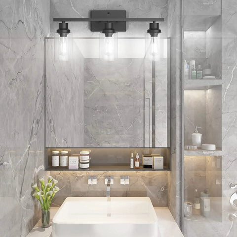 Vanity with Matte Black 3 Light Vanity Light Fixtures With Clear Glass Shade in modern bathroom, wall mount sconce visible