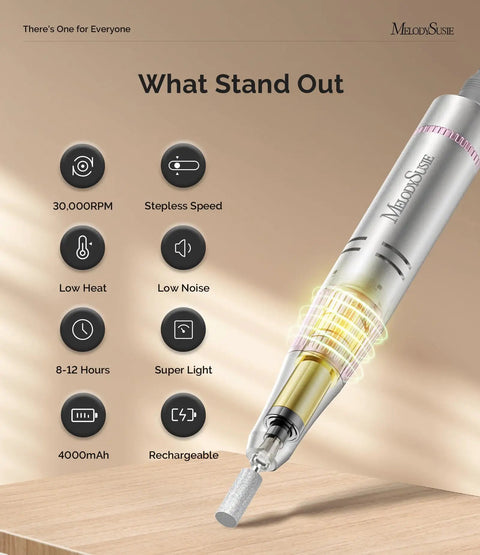 Close-up of Clip On Rechargeable Nail Drill SC320F 30000RPM E File, highlighting features like 30k RPM, low heat, and 4000mAh battery.