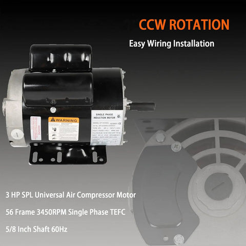 3 HP SPL air compressor motor 56 frame 3450 RPM single phase 60 Hz five eighths shaft 115 230V not standard 3 HP