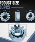100 Pack 1/4-20 Lock Nuts With External Tooth Washers Heavy Duty Zinc Plated Steel Hardware showing size dimensions.
