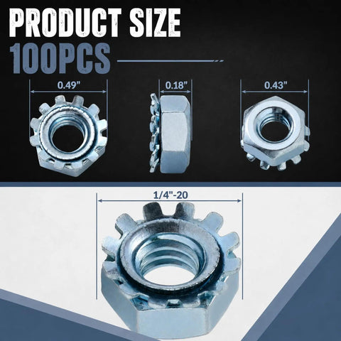100 Pack 1/4-20 Lock Nuts With External Tooth Washers Heavy Duty Zinc Plated Steel Hardware showing size dimensions.