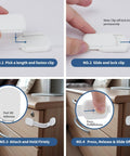 Step-by-step guide using 12-Pack No-Drill Child Safety Cabinet Locks with Adjustable Adhesive Straps on a wood cabinet