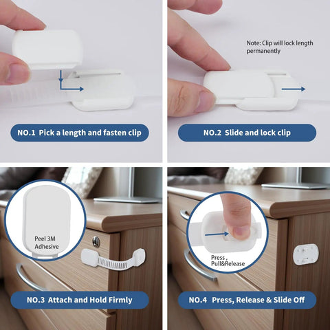 Step-by-step guide using 12-Pack No-Drill Child Safety Cabinet Locks with Adjustable Adhesive Straps on a wood cabinet