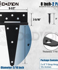 8 Inch T Strap Gate Hinges Heavy Duty Black Powder Coated Iron Set Of 2 with screws, diagram showing hinge dimensions and thickness