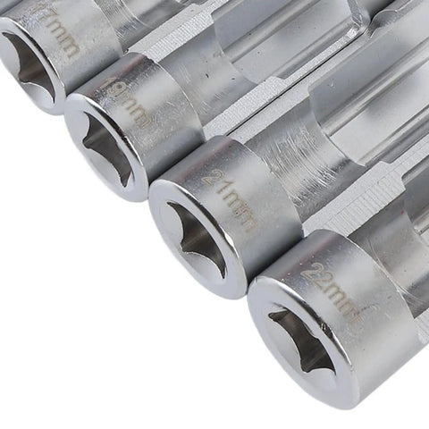 Close-up of 9 Piece Fuel Line Socket Set With Three Eighths And One Half Inch Drive From Ten To Twenty Two Millimeter Sizes CRV Steel