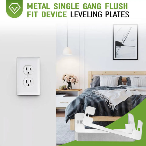 20 Pack Silver Wall Plate Spacers for Switches and Receptacles, Metal Flush Fit Device Leveling Plates shown in bedroom setting