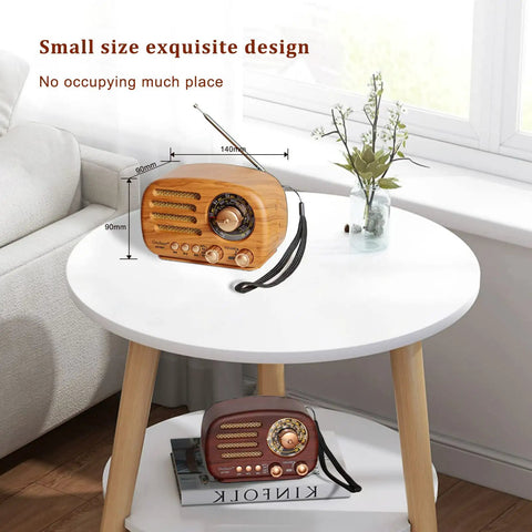 Retro Portable Bluetooth Speaker Radio With FM AM SW Bands on white table with adjustable antenna and wood finish design.