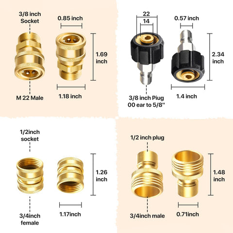 Beefy Nine Piece Stainless Steel Quick Disconnect Adapter Kit For Pressure Washers M22 14 Swivel components sizes