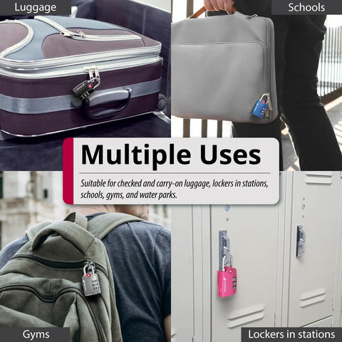 TSA Approved Luggage Locks Set With 3 Digit Combination Padlocks Alloy Body Open Alert Indicator For Travel Backpack Locker Gym Gun Case Tent 4 Pack Great For Everyday Travel in use on luggage, briefcase, backpack, and locker.