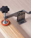 4 Pack Stainless Steel Toggle Clamp Set With Anti Slip Rubber Tips shown installed on wooden surface.