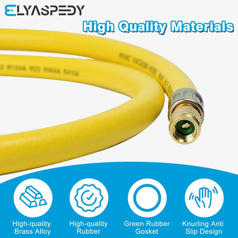 Yellow 6 ft refrigerant vacuum hose, 3/8 in diameter, 1/4 in flare fittings, brass connector