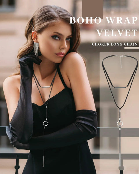 Six Pack Womens Choker Necklaces Black Brown Leather Velvet Lace Up Tie Gothic Western Adjustable Statement Collar Jewelry showing a velvet choker on a model.