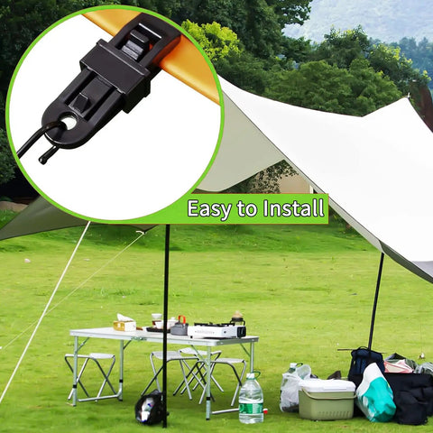 Heavy Duty Lock Grip Tarp Clips 30 Pcs used on awning with camping setup, durable outdoor gear for quick tension and secure holds