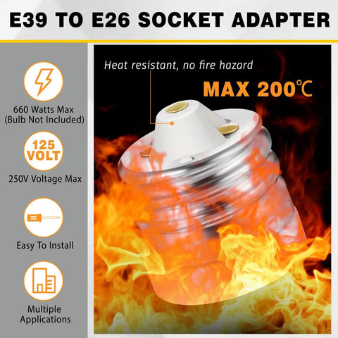Ceramic Mogul E39 To E26 Socket Converter, heat resistant, rated 660 watts, ideal for outdoor lighting and workshops.