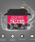 Beefy 20Kg-Cm Torque Digital Servo With Full Metal Gears, Waterproof RC Servo, aluminum case, water splash illustration