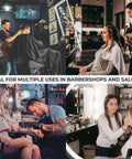 Barbershop and salon professionals using workstation tools for hair and makeup services, showcasing usage of modular magnetic barber mat set.