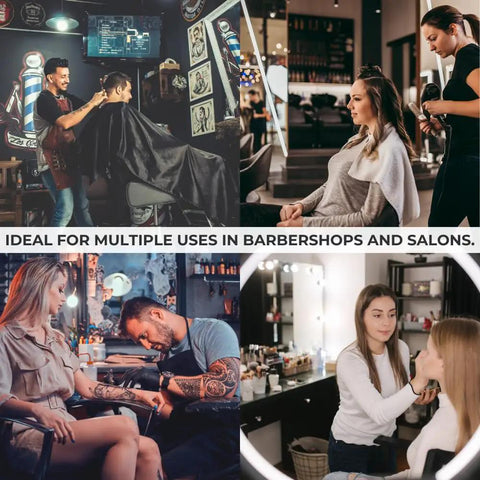 Barbershop and salon professionals using workstation tools for hair and makeup services, showcasing usage of modular magnetic barber mat set.