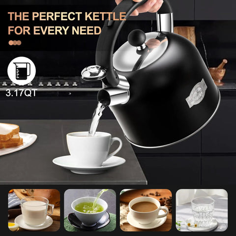 Old School Vintage Style Whistling Tea Kettle With Ergonomic Handle 3.17 Quart Premium Stainless Steel Teapot pouring tea