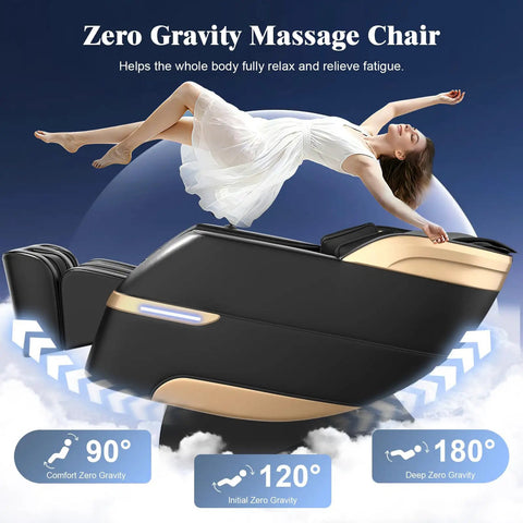 4D Full Body Massage Chair For Next Level Comfort With SL Track Shiatsu Zero Gravity Recliner AI Control Heating Airbags Foot Rollers Bluetooth Speaker LED Light For Home And Office Use 2026 Model in zero gravity position