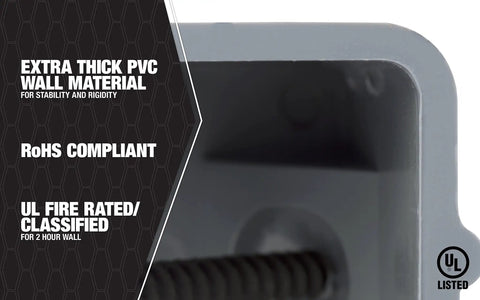 Close-up of MSB1G One Gang Device Box With Depth Adjustable Heavy Duty PVC Construction in gray, featuring thick PVC walls.