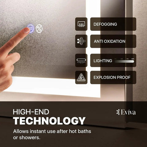 Glow 36 Inch By 28 Inch Rectangular Frameless Mirror With Dual Mounting Hardware technology features highlighted