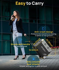 Woman pulling Massive 3840Wh Portable Power Station with LiFePO4 Battery, showing dual wheels and pull handle