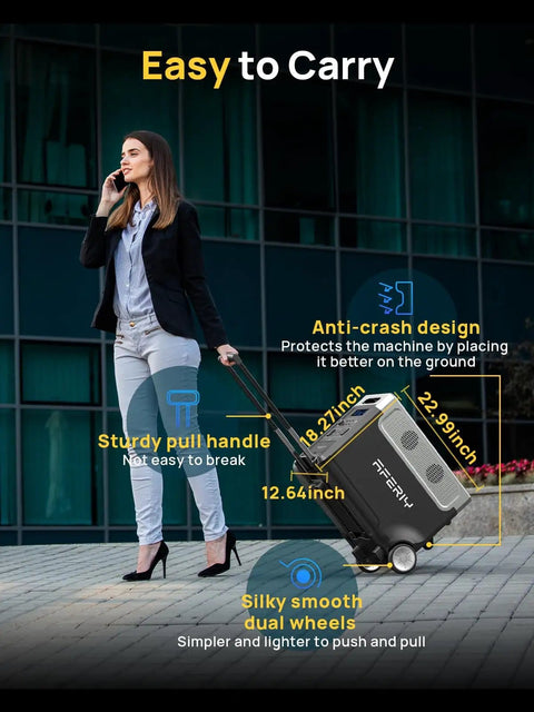 Woman pulling Massive 3840Wh Portable Power Station with LiFePO4 Battery, showing dual wheels and pull handle