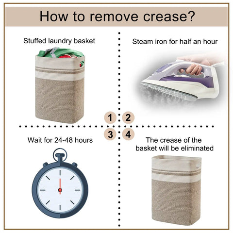 Instructional image on removing creases from All In One Cotton Rope Laundry Hamper And Storage Basket With Handles Collapsible Go To Organizer.