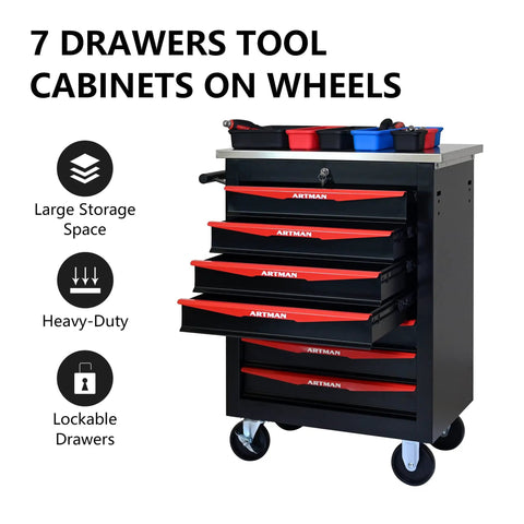 Heavy Duty Steel Tool Cabinet With Lock And Ball Bearing Drawers On Mobile Wheels For Garage Or Workshop Smooth Quiet Drawer Operation