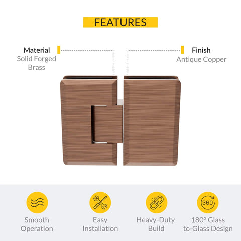 Front view of Adjustable Glass To Glass Shower Door Hinge 180 Degree Mount No Fuss Antique Copper Finish, Solid Forged Brass Construction