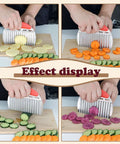 FATUXZ stainless steel crinkle cutter with red handle, slicing potatoes and vegetables on a wooden cutting board.