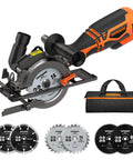 Beast Of A 5.8 Amp Circular Saw With Laser, 4-1/2 Inch Blade, Metal Auxiliary Handle, six blades, DIY projects kit displayed front view
