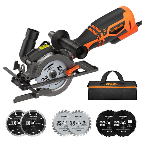 Beast Of A 5.8 Amp Circular Saw With Laser, 4-1/2 Inch Blade, Metal Auxiliary Handle, six blades, DIY projects kit displayed front view