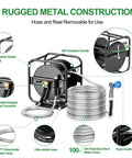 Upgraded Metal Garden Hose Reel with 100 Ft Main Hose and 6.2 Ft Guide Hose, heavy-duty anti-UV wall mount or freestanding spool.