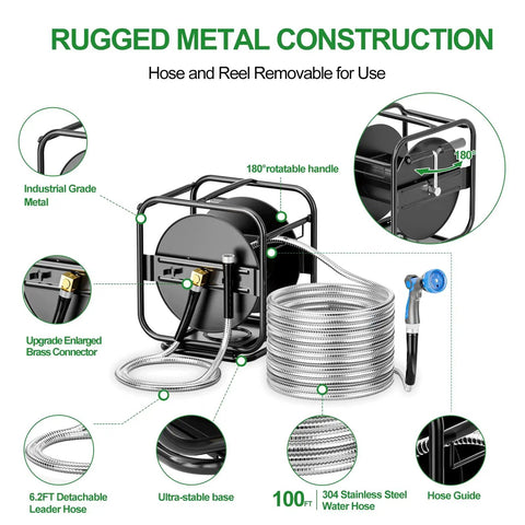 Upgraded Metal Garden Hose Reel with 100 Ft Main Hose and 6.2 Ft Guide Hose, heavy-duty anti-UV wall mount or freestanding spool.