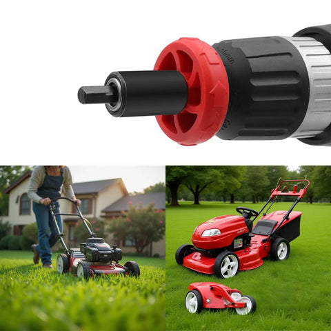 Red Jump Start Drill Bit Adapter For Electric Engine Ignition Bypass Pull Cord Plug Button Jump Start System close-up with lawn equipment